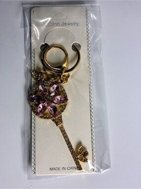 Gold Key Keychain with Pink Crystal Flower Charm New Without Tags
